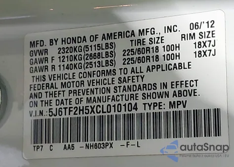 2012 Honda Crosstour Ex-L z USA, uszkodzony, nr VIN 5J6TF2H5XCL010104